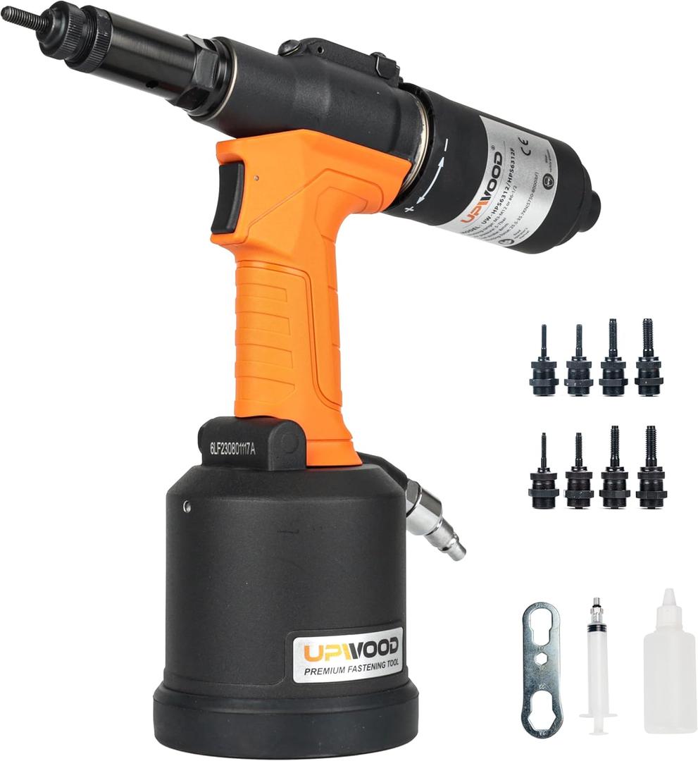 Heavy Duty Air Hydraulic Rivet Nut Tool with reversible button, HPS6312F Pneumatic Riveter Automatic Rivet Nut Gun Tool Setting Kit Come with 8 Size Metric and SAE Nose-Piece Assembly