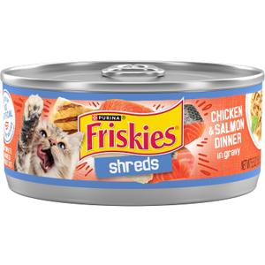 Purina Friskies Shreds Chicken and Salmon Dinner in Wet Cat Food Gravy - (Pack of 24) 5.5 oz. Cans, BB Date:05/2027