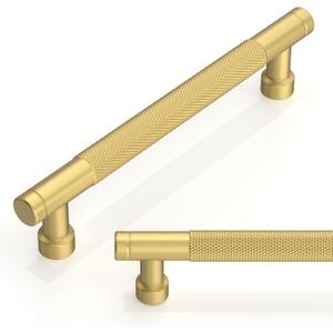 10 Pack Brushed Gold Knurled Cabinet Pulls 5 Inch(128mm) Kitchen Cabinet Handles Cabinet Hardware for Drawer Pulls (5" Hole Center)