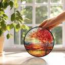 Fall Suncatchers Stained Glass Window Hanging, Rustic Farmhouse Autumn Landscape Sun Catchers Indoor Window Glass Round Wall Decor, Fall Wall Hanging Decorations, 7.9x7.9in