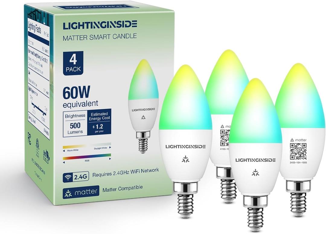Matter Candelabra Smart Light Bulbs 60W Equivalent, Candle E12 LED Bulb Compatible with Alexa/Siri/Apple Home/Google Home/SmartThings, RGBCW, 2.4G WiFi, ETL Listed, Hub Required, 4PCS
