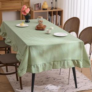 vctops Farmhouse Sage Green Plaid Ruffle Table Cloth, Boho Cotton Linen Tablecloth, Washable Table Cover for Rectangle Table Baby Shower Kitchen Party Wedding Decor (Sage Green,55"x70")