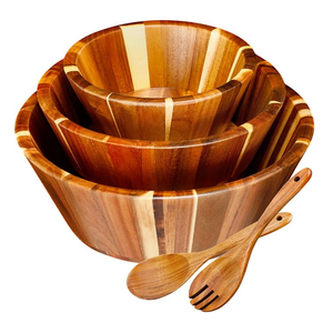 Wooden Salad Bowl Set of 5 - Large Fruit Mixing Bowls with Salad Servers Utensils for Serving Dining Accessory - Handmade - Acacia Wood - Large 12", Medium 10", Small 8"(Round Design)