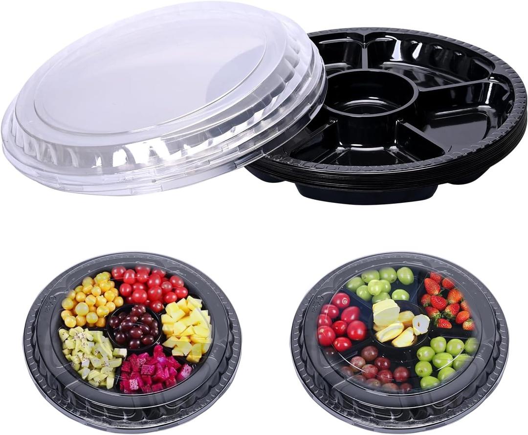 10 Pcs Plastic Appetizer Serving Tray with Lid Round 12.5 Inch with Lid Disposable Serving Fruit Veggie Catering Tray with 6 Divided Compartment for Fruit Snack Veggie Party