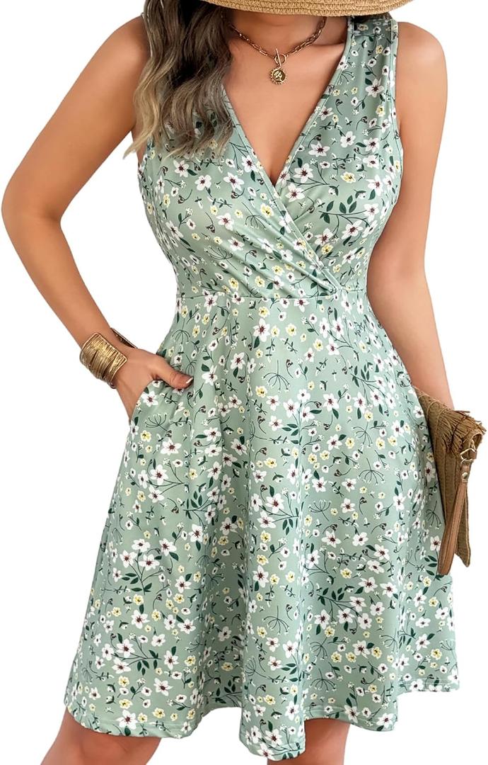Casual Sleeveless Summer Dresses for Women | Floral Sundress, Wrap V-Neck, Elastic Waist with Pockets, Fit and Flare A-Line Design for Vacation, Beach, Casual Wear (L)