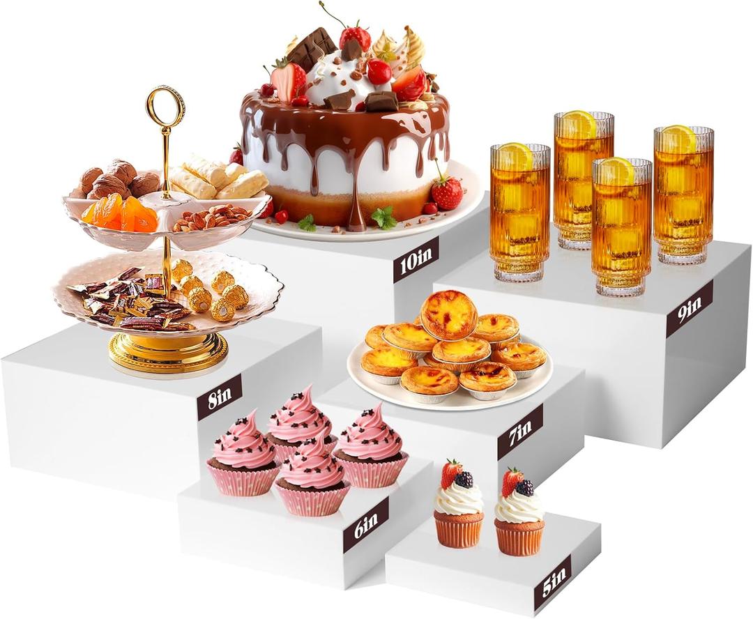6PCS Buffet Risers, Food Risers for Buffet Table, Display Stand Shelf for Party Catering Dessert Collectibles, White Acrylic Cube Boxes Nesting Risers with Hollow Bottoms (Size 10" 9" 8" 7" 6" 5")