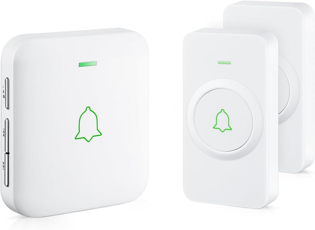 AVANTEK Wireless Door Bell, CW-21 Mini Waterproof Wireless Doorbell Operating at Over 1000 Feet, 2 Remote Buttons Can Have Different Tones, 52 Melodies, CD Quality Sound and LED Flash (2 Transmitters White)