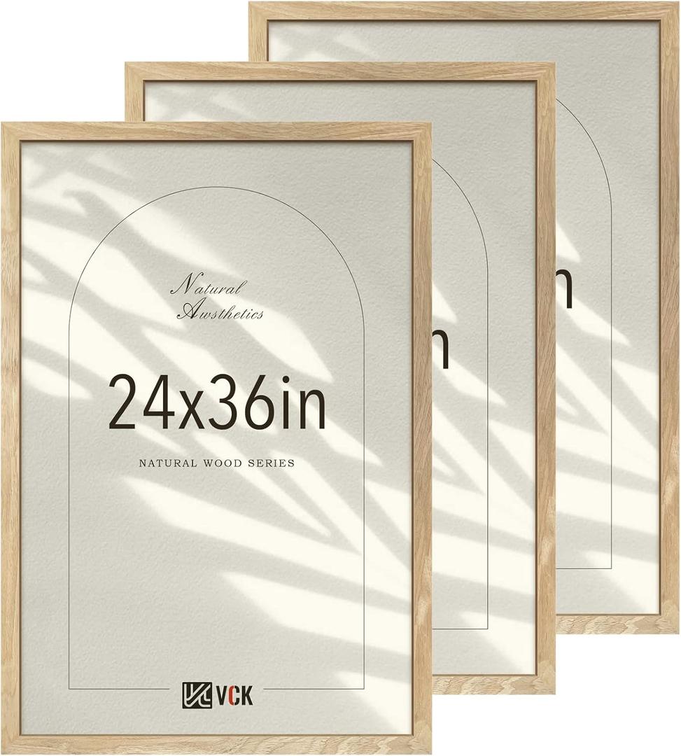VCK 24x36 Poster Frame Set of 3 - Natural Solid Wood, Exclusive Wood Grain Picture Frame, Wall Hanging