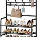 Coat Rack Shoe Rack With Storage Shelf Freestanding with 8 Hooks for Entryway Bedroom Closet 4 Tier, Black