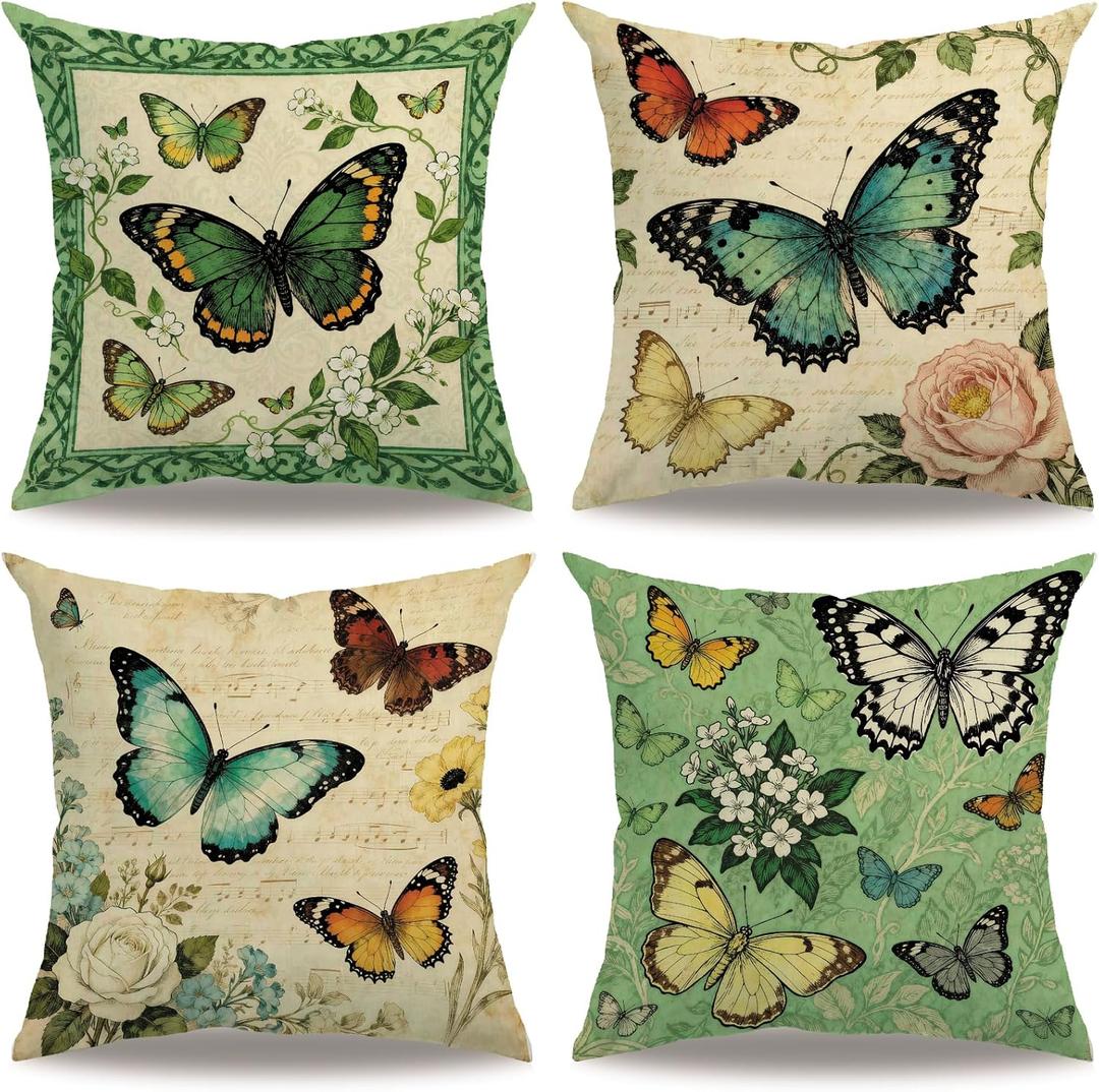 Vintage Butterfly Throw Pillow Cover 18x18 inch,Watercolor Bloom Flowers Garden Cushion Cover Farmhouse Nature Theme Spring Home Decorative Pillowcase ,4Pack for Sofa Couch Porch Patio (Beige)