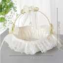Small Flower Girl Baskets for Weddings, Fairy Lace Bowknot Wedding Flower Basket with Foldable Handle and Rhinestone Lvory Satin Lace Collection, Decoration and Party Supplies, 8.6x9in