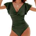 Blooming Jelly Womens Tummy Control Swimsuit V Neck One Piece Bathing Suits Slimming Lace-up Ruffle Swimwear (Medium, Green)