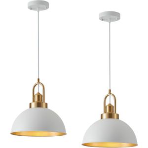 Farmhouse 11.81" White Pendant Light with Gold Finish, Industrial Metal Hanging Lighting Fixtures, Adjustable Height Dining Room Chandelier for Kitchen Island Hallway and Foyer 2 Pack