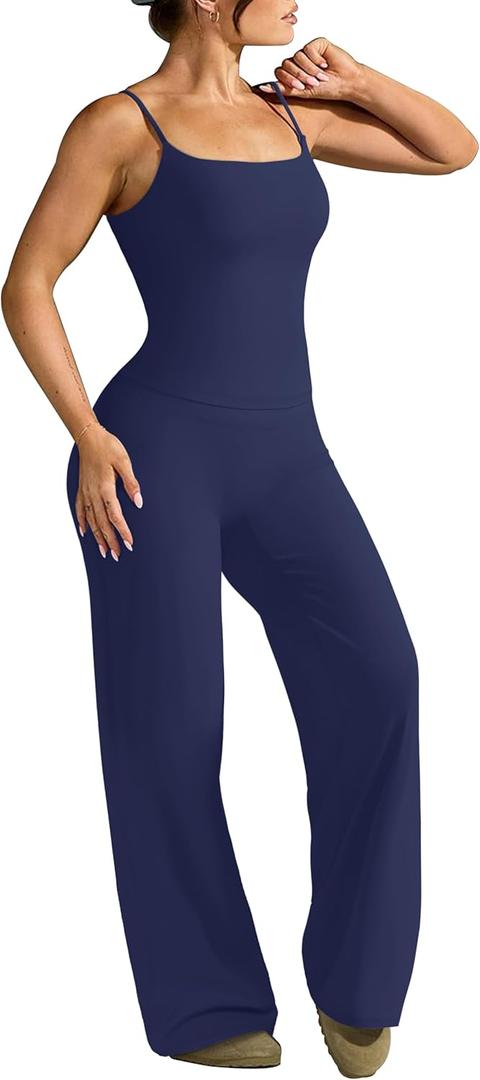 OMKAGI Workout Sets for Women Padded Tank Tops Matching Straight Leg Yoga Outfits (Medium, Navy Blue)