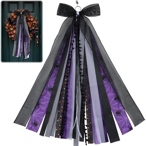 NUVCELKA Large Halloween Wreath Sash for Door, 27.5" Black Purple Spider Web Sash Multi-Layer Ribbon Door Outdoor Fall Decoration, Pack Of 2