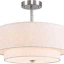 16" Semi Flush Mount Ceiling Light, Brushed Nickel 3 Light Double Drum Fabric Lampshade Lighting Fixtures for Living, Dining Room, Bedroom, Kitchen, Hallway (Canopy for Sloped/Flat Ceiling)