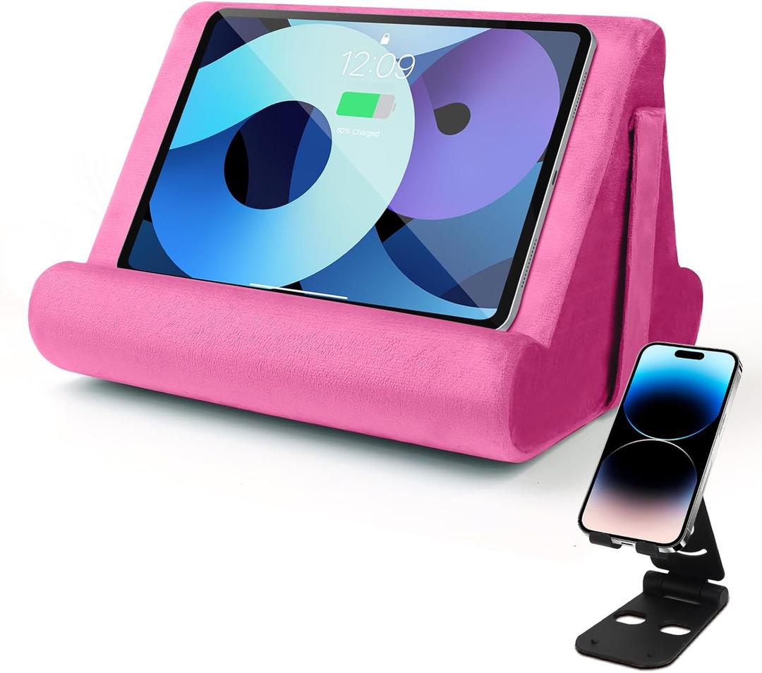 Universal Multi-Angle Tablet Holder - Soft Pad Stand with Net Pocket & Phone Stands for Lap, Knee, Sofa and Bed(Pink)