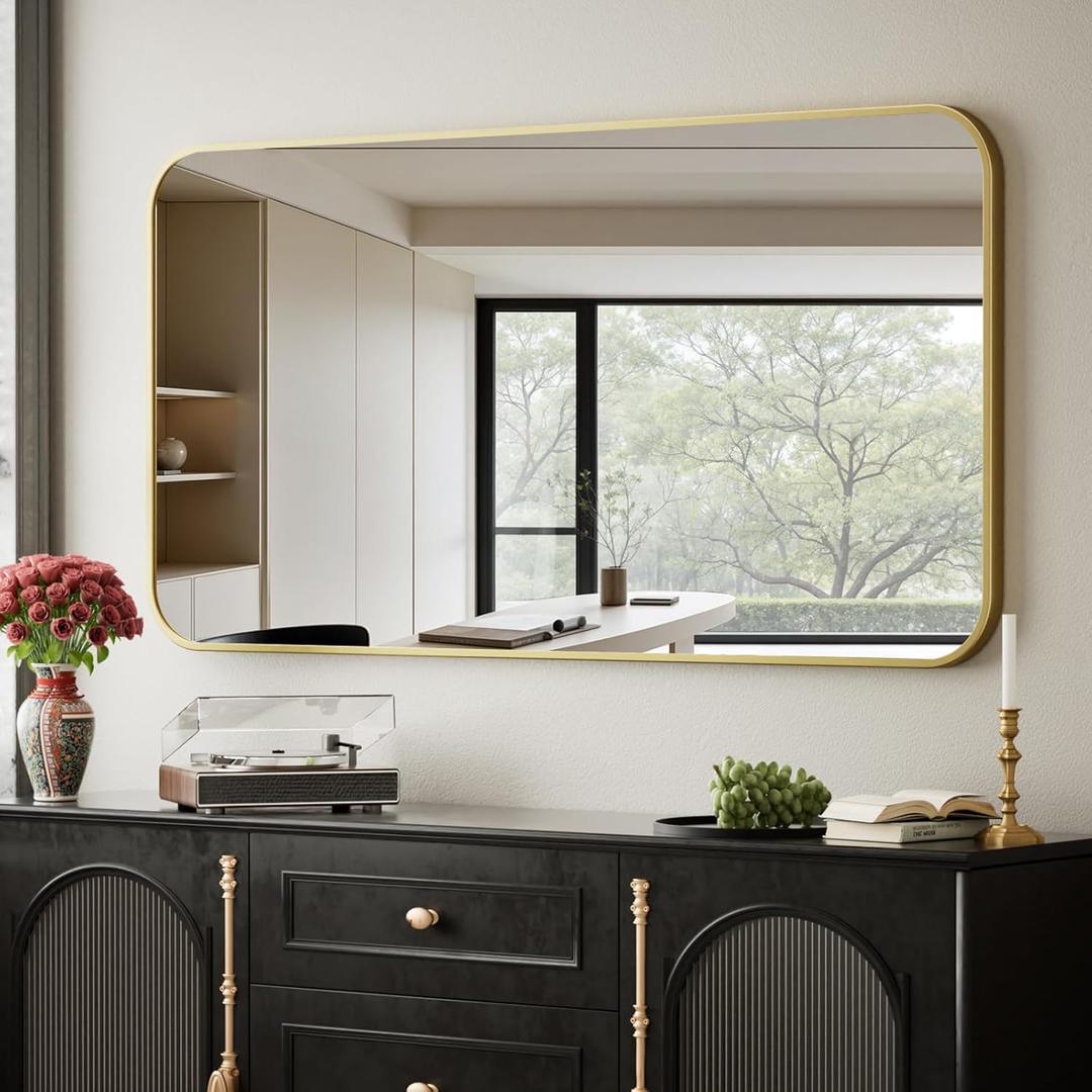BEAUTYPEAK 26" x 38" Rectangular Aluminum Alloy Frame Wall Mounted Bathroom Mirror with Rounded Corners, Gold