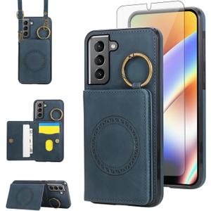 Compatible with Samsung Galaxy S22 5G Wallet Case and Screen Protector Crossbody Shoulder Strap Ring Buckle Stand Card Holder Magnetic Car Mount Phone Cover for S 22 22S 4G G5 6.1 inch Women Men Green