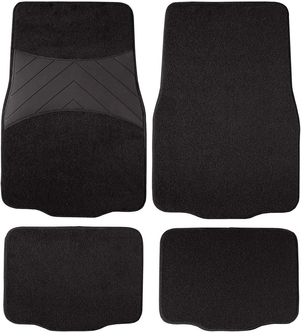 Automotive Rubber and Carpet Floor Mats: 4 Piece Set (Front + Rear), Universal Fit, Black (109-14)