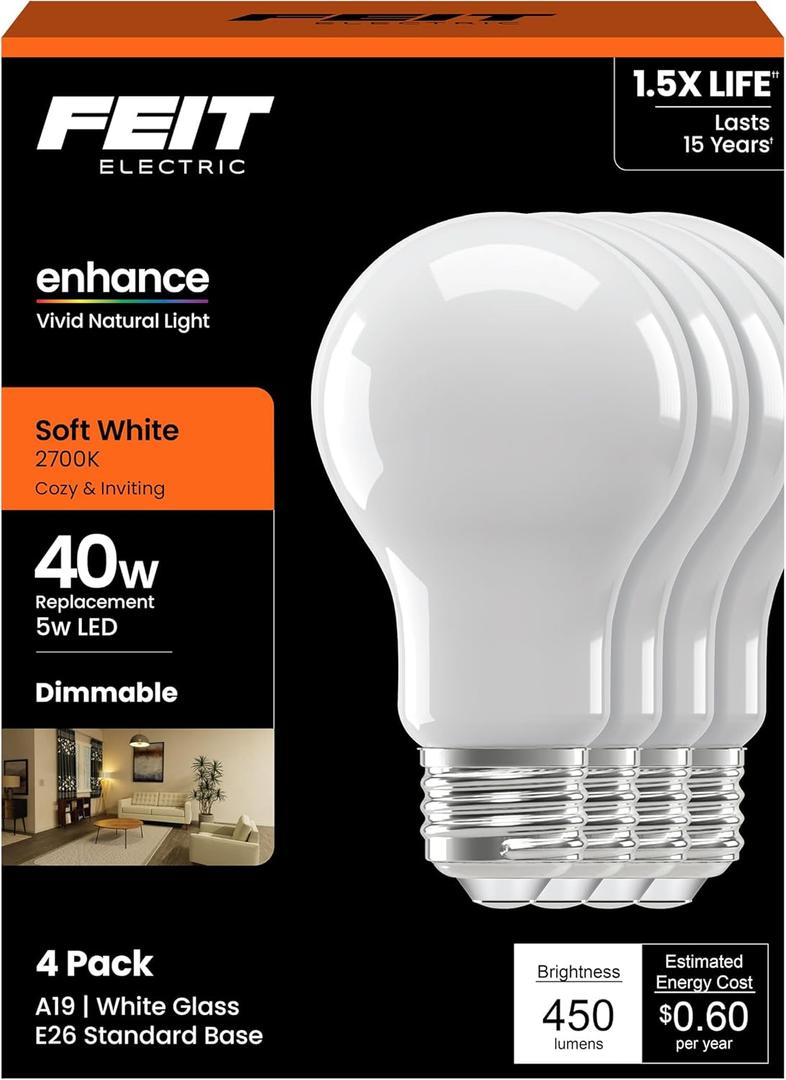 Feit Electric A19 LED Light Bulb, 40W Equivalent, Dimmable, 450 Lumens, E26 Base, 2700K Soft White, 90 CRI, 8.8W Standard Glass Filament Lighting Bulbs, 17,000-Hour Lifetime, A1940/927CA/FIL/4, 4 Pack