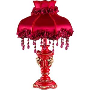 Victorian Lamp Antique Table Lamp,Vintage Fringe Lamp with Shade,European Pastoral Night Stand Flower Lamp Table Light for Bedroom Living Room(11.8" D x 11.8" W x 20.5" H, Red)