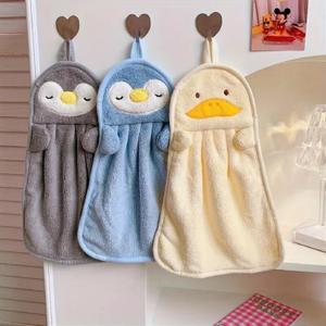 3PCS Animal Hand Towels - 14.5" x 9.8" Penguin & Duck Design with Hanging Loops | Super Soft for Kitchen, Bathroom (Grey/Blue/Yellow)