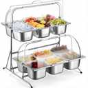 Lallisa 2 Tiered Ice Food Serving Tray Countertop Food Serving Display Container for Buffet Restaurant Party, with Clear Roll Top Cover 6+3 Pan Buffet Condiment Dispenser