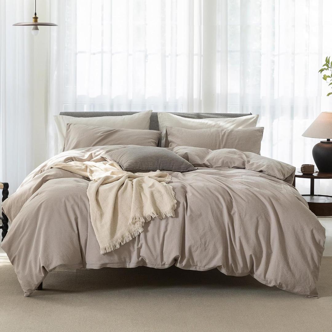 Cooling Duvet Cover Set 3 Pieces-100% Washed Cotton Linen Like Textured Ultra Soft Cozy Bedding with Zipper Closure,Includes 1 Duvet Cover & 2 Pillow Shams(Beige Grey,Oversized King 120"x98")