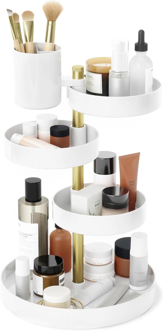 Umbra Pirouette Cosmetic Organizer, Large Capacity Makeup Storage with Adjustable Compartments, White/Brass