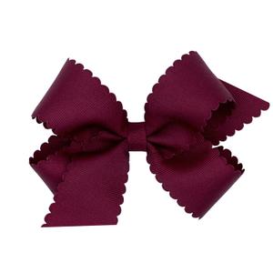 Wee Ones Girls' Classic Grosgrain Hair Bow with Scalloped Edges and Plain Wrap Center on a WeeStay Hair Clip, Medium, Burgundy