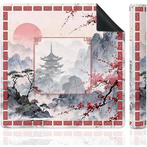 Chinoiserie Mahjong Mat for Table, Traditional Chinese Red Cherry Blossom Sunset Mountain 31.5" x 31.5" Non-Slip & Noise Reduction Mahjong Mat for Poker Dominoes Cards & Board Games