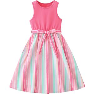 Hilinker Girls Rainbow Sleeveless Pleated Dress Summer Tie Knot Tank Dresses with Belt Pink Multicolor 11-12 Year (Pink)