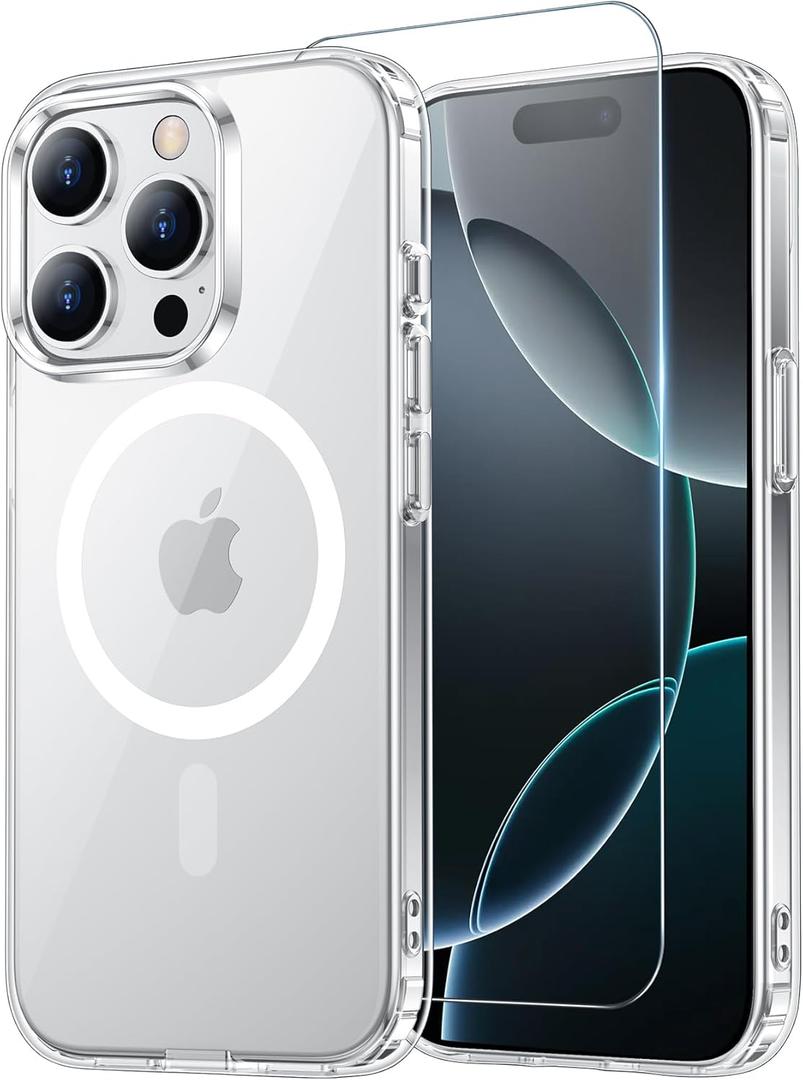 Temdan for iPhone 16 Pro Case Clear with Screen Protector, Compatible with Magsafe, Anti-Yellowing, Military-Grade Protection, Shockproof Slim Magnetic Phone Case Cover, Transparent