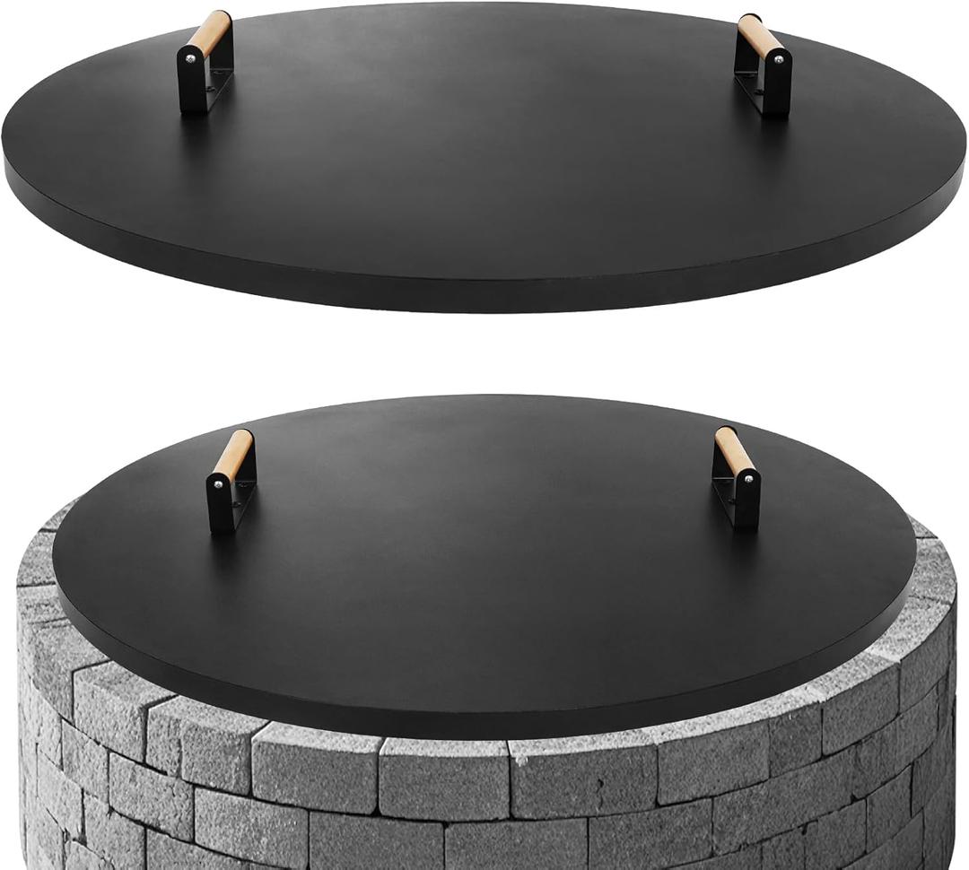 G GOOD GAIN Firepit Lid Round 36 Inch - Rust Resistant Fire Pit Lid Cover with Wooden Handle & Gloves, Fire Pit Snuffer Lid for Courtyards, Patio, Winter Cold Protection. Fits Fire Pits Up to 34"