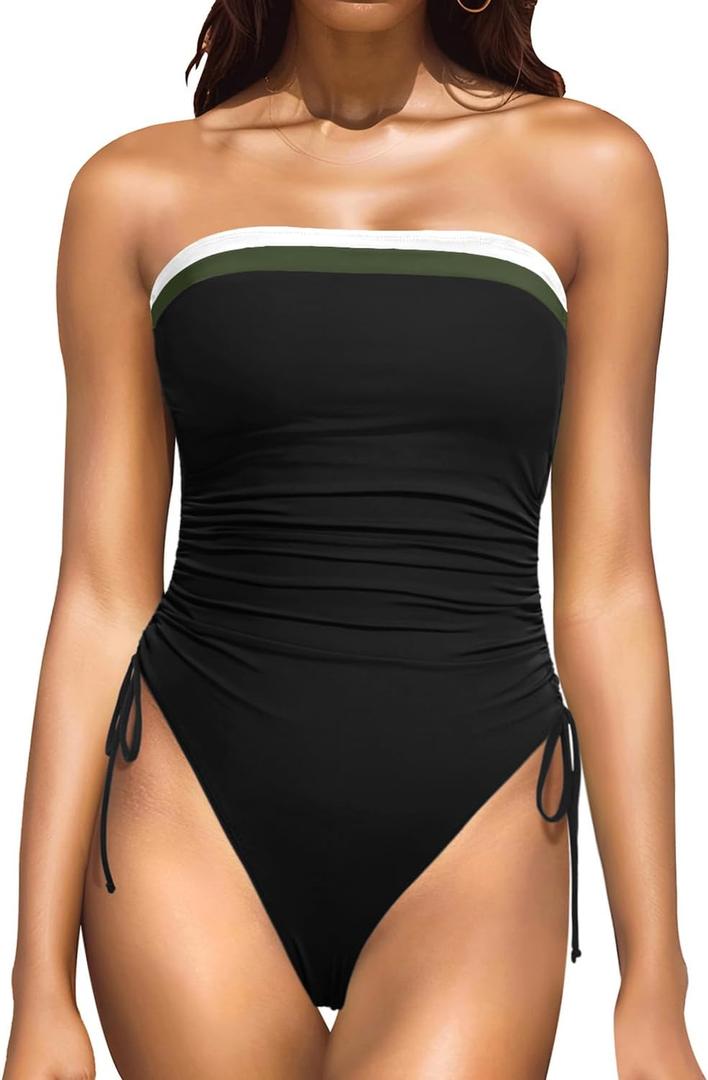 Yonique Women Strapless One Piece Swimsuit Tummy Control Bandeau Bathing Suit Cheeky Swimwear (Large, Black Color Block)