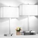 21" Set of 2 Touch Control Table Lamps with 2 USB & AC Outlets, 3-Way Dimmable Modern Nightstand Lamps for Bedroom Living Room Office Reading, White Shade Bedside Lamps, 5000K LED Bulbs Included. (White Linen & Brushed Nickel(Base)-5000K)