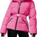 Fisoew Womens Ski Jacket Warm Hooded Insulated Waterproof Quilted Puffy Mountain Snow Winter Coat with Belt (Large, Rose Red)