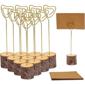 10 Pcs Rustic Wood Place Card Holders and 10 Pcs Kraft Place Cards, Wooden Table Number Holder Stand Photo Picture Note Clip Holders for Wedding Party Name Sign(Gold Heart Wire)