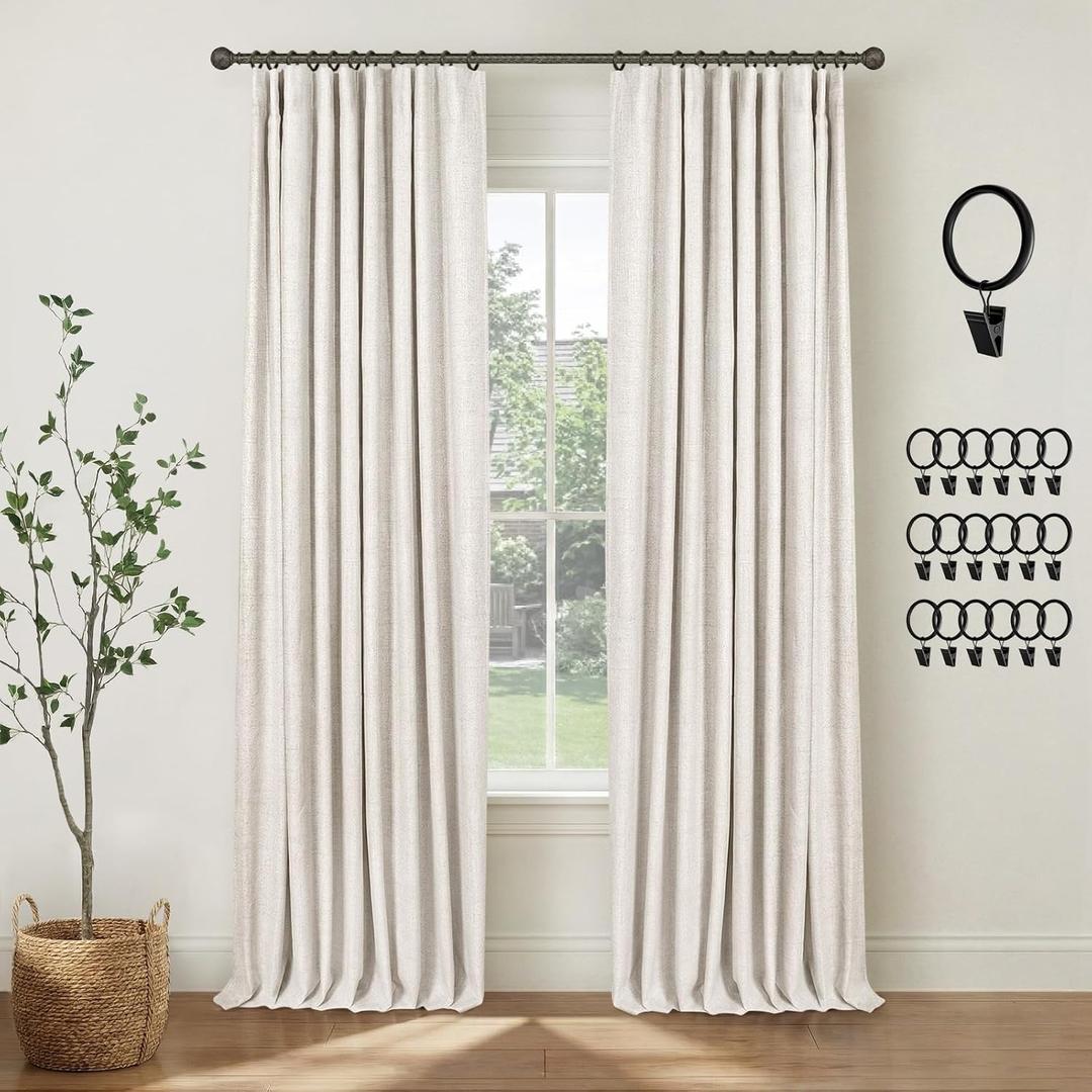 INOVADAY 100% Blackout Curtains for Bedroom, Black Out Curtains 96 Inch Long, Clip Rings Linen Blackout Drapes, Thermal Insulated Room Darkening for Living Room, 2 Panels - Beige,W50xL96