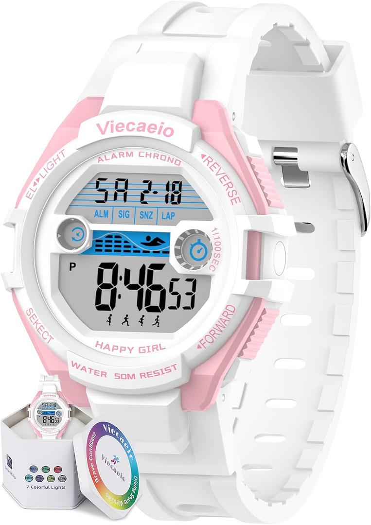 Kids Digital Watch for Boys Girls, Waterproof LED Colorful Lights Sports Watch Suitable for 5-17 Years Old Teenagers (with Gift Box) (B-white/pink)