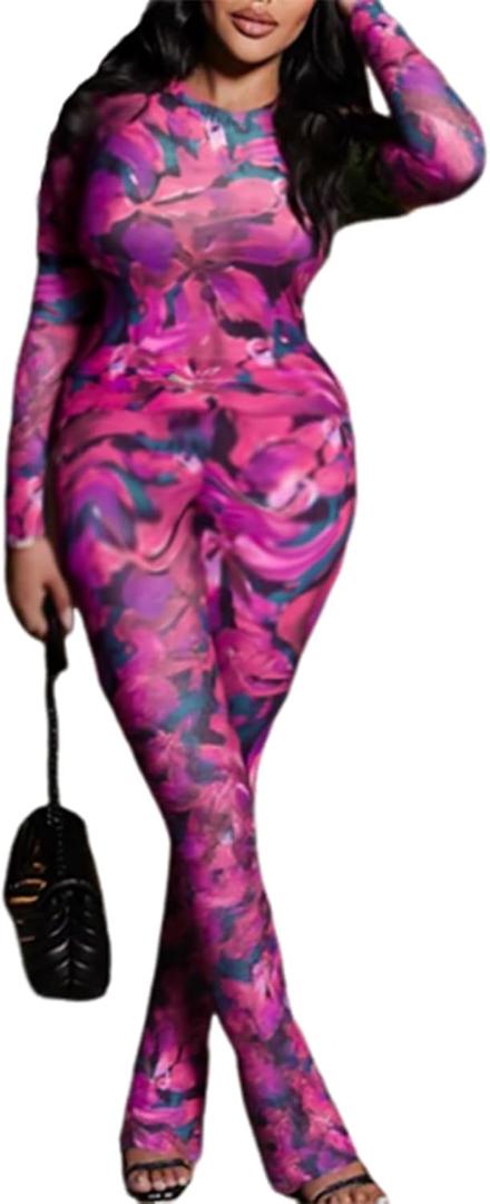 acelyn Women Sexy Two Piece Outfits Mesh Printed Bodycon Flared Pants Sets Club Going Out Birthday Outfits (Lily) XL acelyn Women Sexy Two Piece Outfits Mesh Printed Bodycon Flared Pants Sets Club Going Out Birthday Outfits (Lily) XL