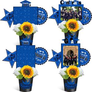 Leinuosen 4 Set Graduation Party Centerpiece Class of 2025 Table Topper Congrats Grad Picture Centerpiece Stick with Metal Bucket Artificial Flowers for High School College Grad Decor(Blue and Black)