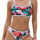 SEAFORM Women Two Piece High Waisted Bikini Set Boho Floral Print Swimsuit Tummy Control Bathing Suits Sexy Vintage Swimwear (Small, Red Flower)