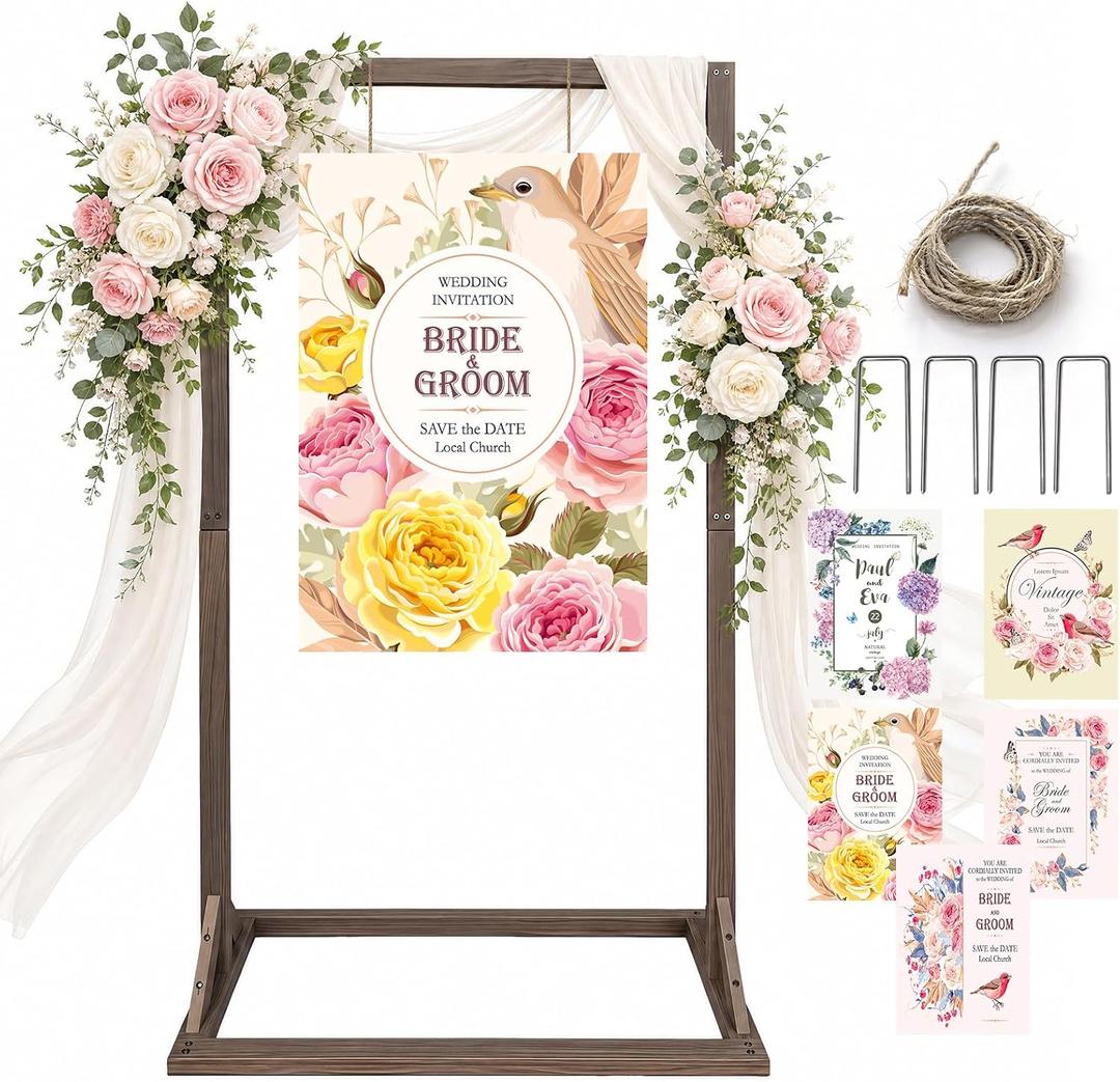 Wooden Welcome Sign Stand, 68" x 34" x 17" Heavy Duty Sign Holder Stand Wood Easel w/ Poster Design Templates for Wedding, Bridal Shower, Baby Shower, Birthday Party