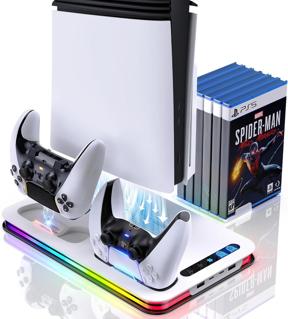 PS5 Cooling Station for PS5/Slim/Pro,PS5 Fan Cooling Fan with 8 RGB Light P5 Cooling Stand with 3 Level Fan Vertical Controller Charger Station with Dual Controller Chargers Dics Storage 4 HUB