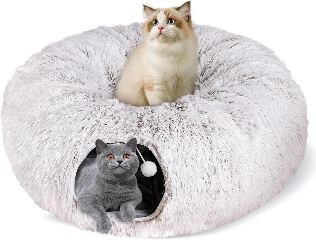 Cat Tunnel Bed for Indoor Cats, Peekaboo Cat Cave with Washable Soft Play Mat, Furry Cat Tube, for Kitten/Puppy/Rabbit, Brown