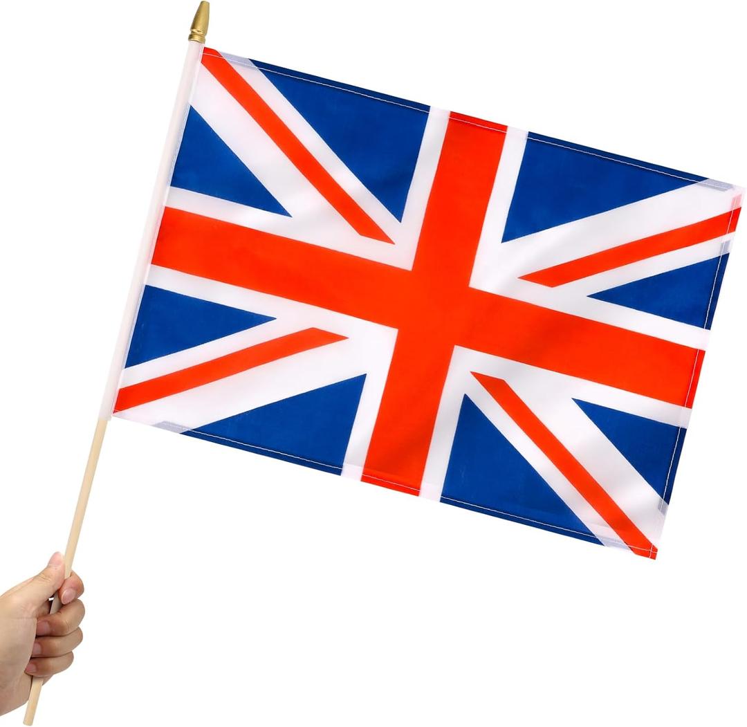 12 Pack British Union Jack UK Stick Flags Small 12x18 Inch Britain Hand Held Flags with 24 Inch Wooden Pole Decorations
