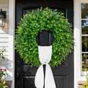 28'' Large Boxwood Wreaths Front Door Artificial Green Spring Wreath with Sash Wreaths for Front Door Farmhouse Greenery Year Round Outdoor Indoor for Summer Wreath St Patricks Day Decoration