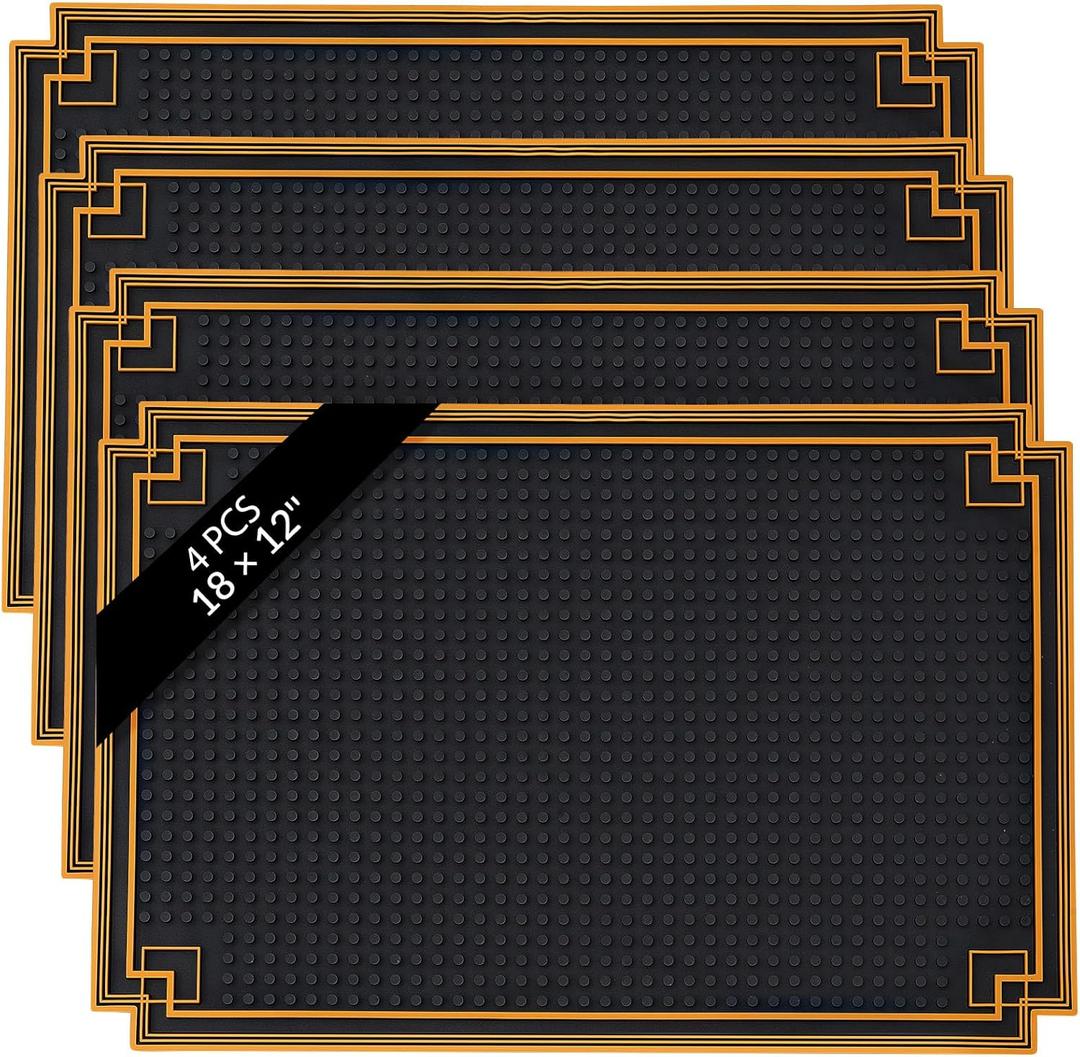 Drydiet 4 Pcs 18 x 12 Inch Bar Mat Non Slip Rubber Mat with Gold Border Durable Stylish Spill Cocktail Service Coffee Mats for Restaurants Barbershop Clippers Bartending, Black